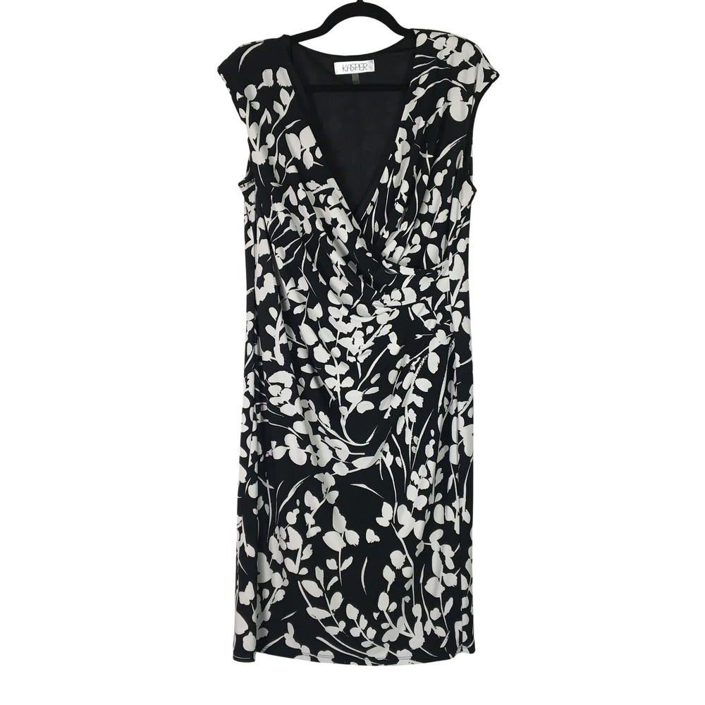 Kasper‎ Floral Print Ruched V-Neck Sheath Dress Size L Black  Pale Gray